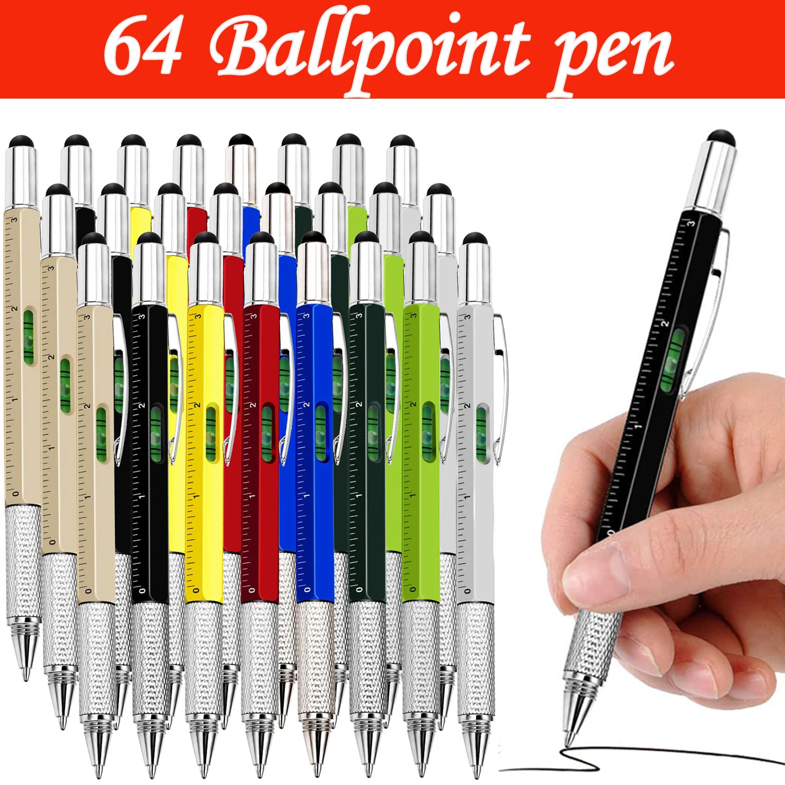 다기능 볼펜, 스크루 드라이버 포함, 블랙 잉크, 눈금자 스피릿 레벨 터치 스크린 도구 펜, 스타일러스 문구, 64 개