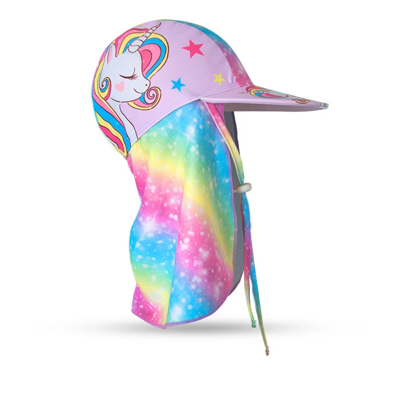 Children Sun Hat Kids Beach Cap Neck Cover Summer Boy Girl Outdoor Unicorn Rainbow Sunscreen UV Protection Swim Flap Hats UPF50 3