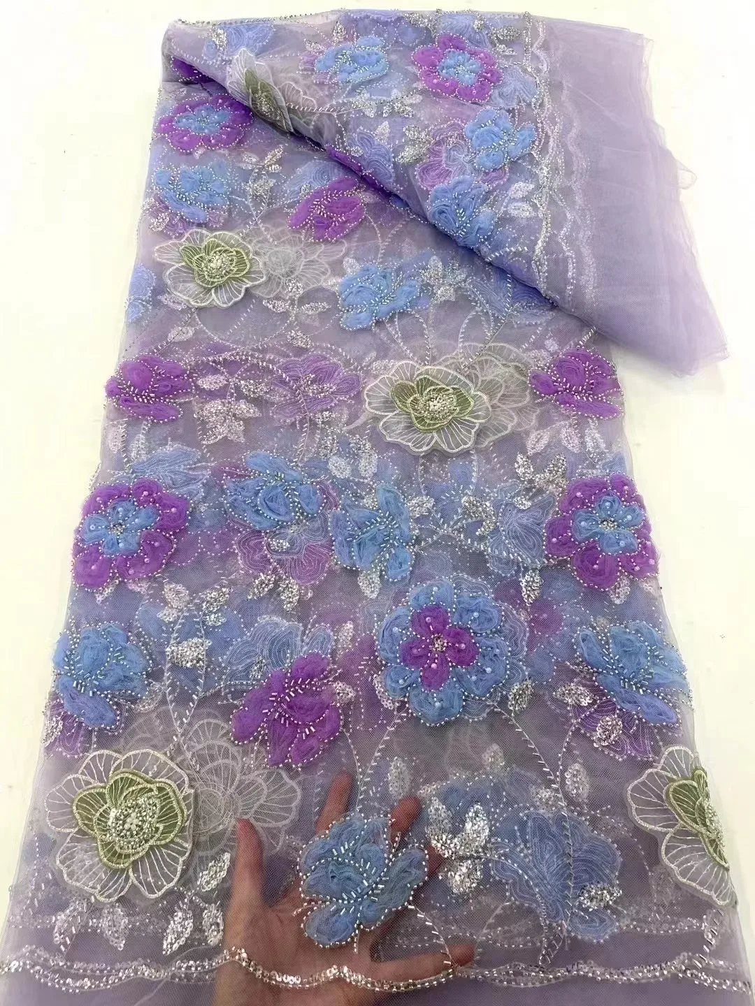 

2023 Latest Luxury French Mesh Lace Fabric African Net Flower Sequins Lace Embroidery Beads Fabric For Sew Women Wedding Dress