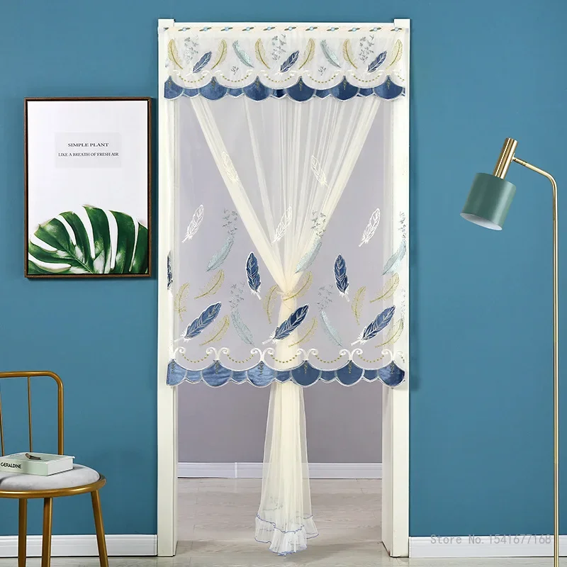 Punch-free Mosquito Screen Curtain Door Curtain, Breathable Bedroom Partition Curtain Double Layer Lace Embroidered Door Curtain