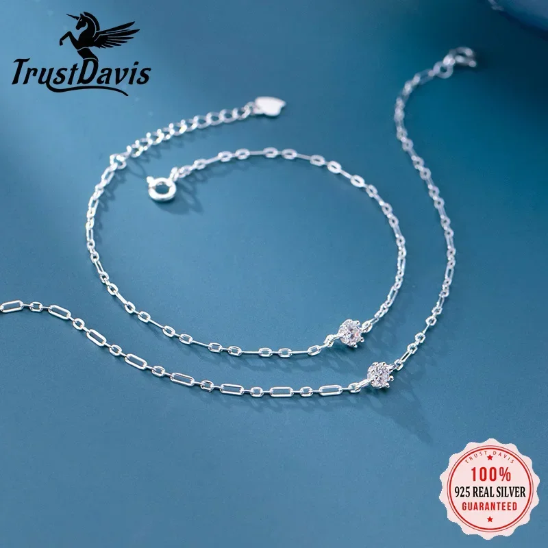 Anklet Bracelets Trustdavis Genuine 925 Sterling Silver Minimalist Charm Shiny CZ Bracelet Anklets For Women Wedding Party Jewelry Gift DA1251