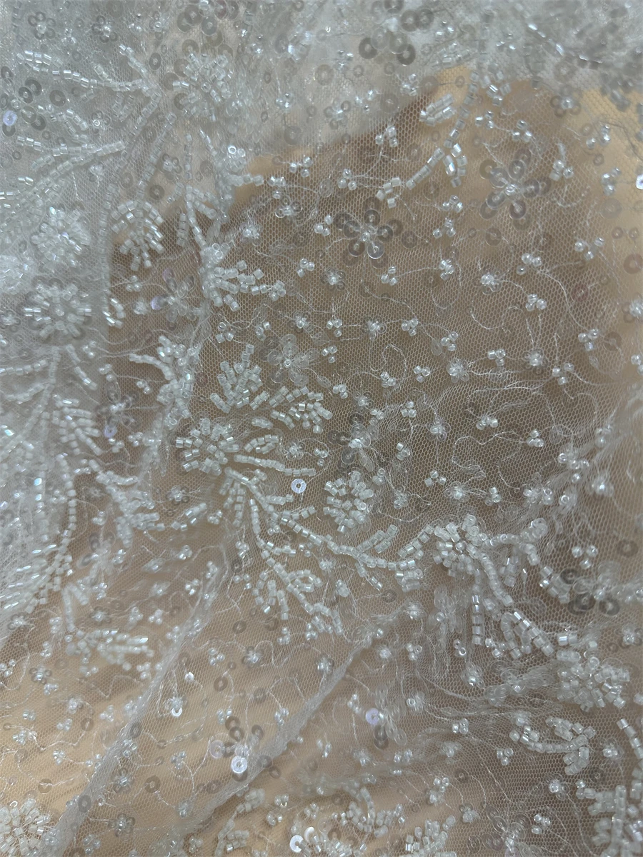 

African Lace Fabric J-13085217 High Quality With Sequins Beads Bridal Wedding Nigerian Luxury Beaded Lace Fabric For Dress