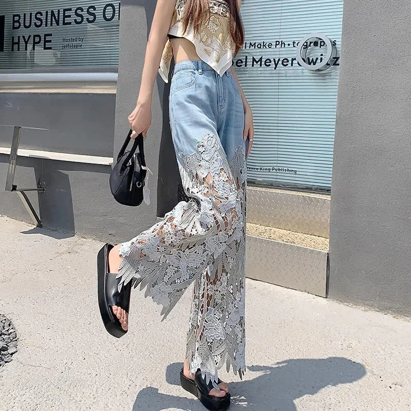 

2023 New Spring Summer High-waist Wide-leg Pants Hollowed-out Lace Stitching Denim Pants Women's Loose Straight Pants Ladies