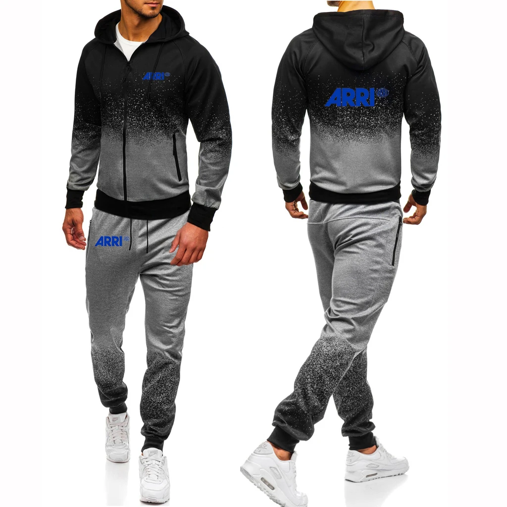 2022   Men's Film Broadcast Camera Arri Printing Zipper Jacket Hoodie + Sweatpants Drawstring Gradient Color Leisure Clothes