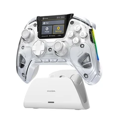 Interactive Wireless Gaming Controller with Screen, Hall Effect Joystick & RGB Lighting, 1800mAh Battery, and Charging Dock (WHITE)