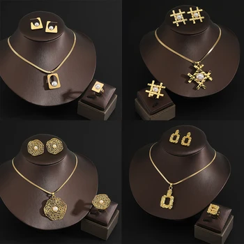 Women's gold Color Stainless steel Wedding Jewelry Luxury  Pearl pendant Necklace+ earring+ rings Ladies Jewelry Sets for Bridal 1