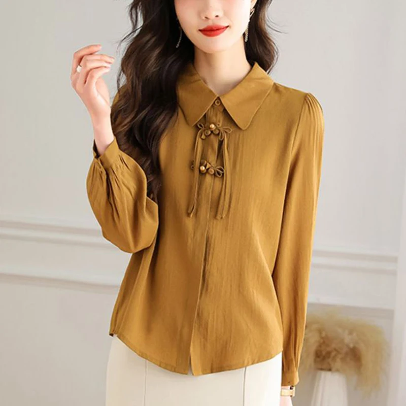 Spring Autumn Polo-neck Elegant Fashion Frog Shirt Ladies 3/4 Sleeve All-match Cardigan Top Women Loose Casual Vintage Blouse