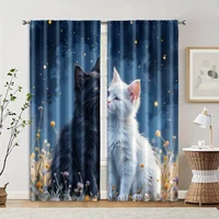 2 pcs, filtering curtains (excluding rods, non-movable, without batteries) Adorable Cat Snuggles for use in bedrooms and living 1