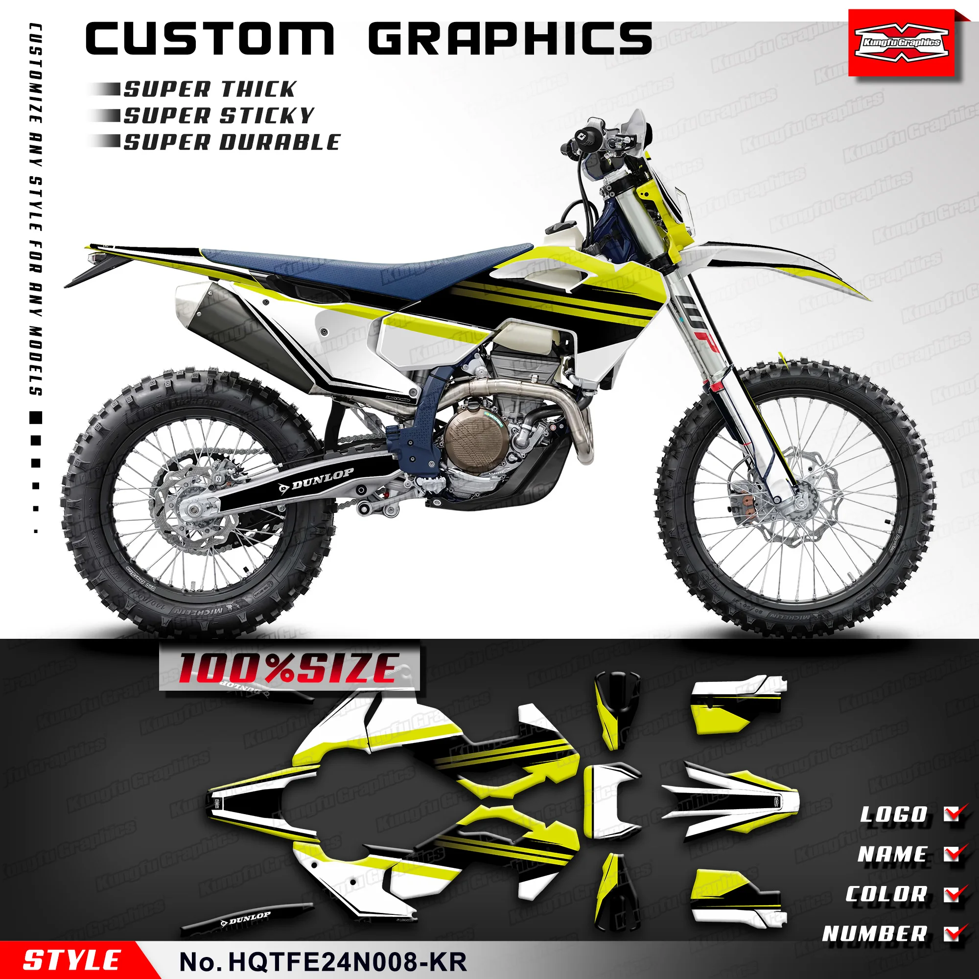 KUNGFU GRAPHICS Full Off Road Sticker Enduro Decal Kit for Husqvarna TE FE 150 250 300 450 501 2023 2024 Yellow велосипедный рюкзак zefal z hydro enduro bag 11l гидропак 3l синий 2023