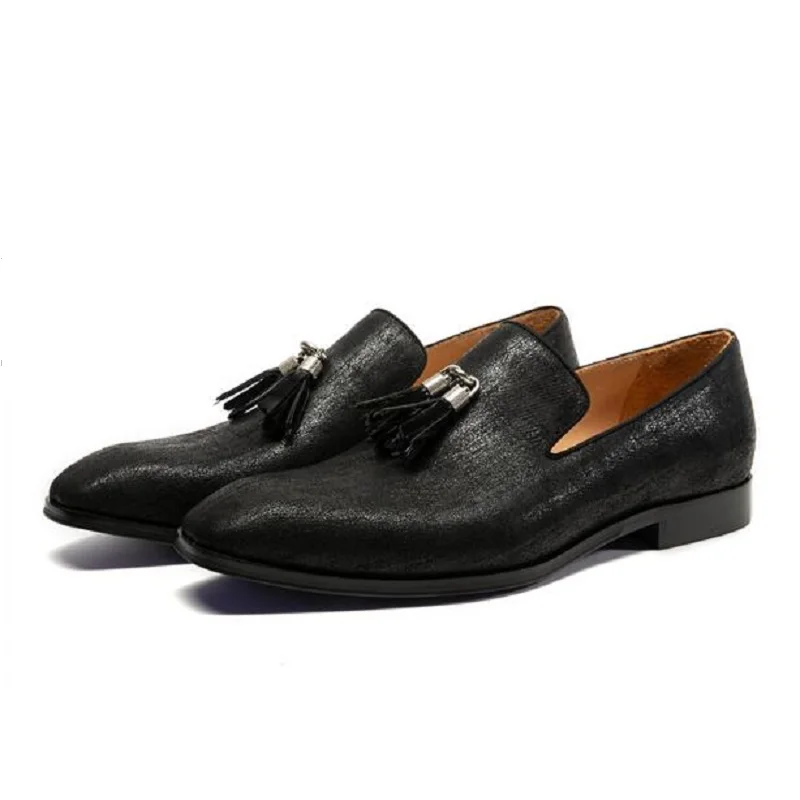 

Fashion Black Genuine Leather Outsole Casual Shoes Men Top Layer Cowhide Foreign Trade Tassel Top Quality Dress Business Wedding