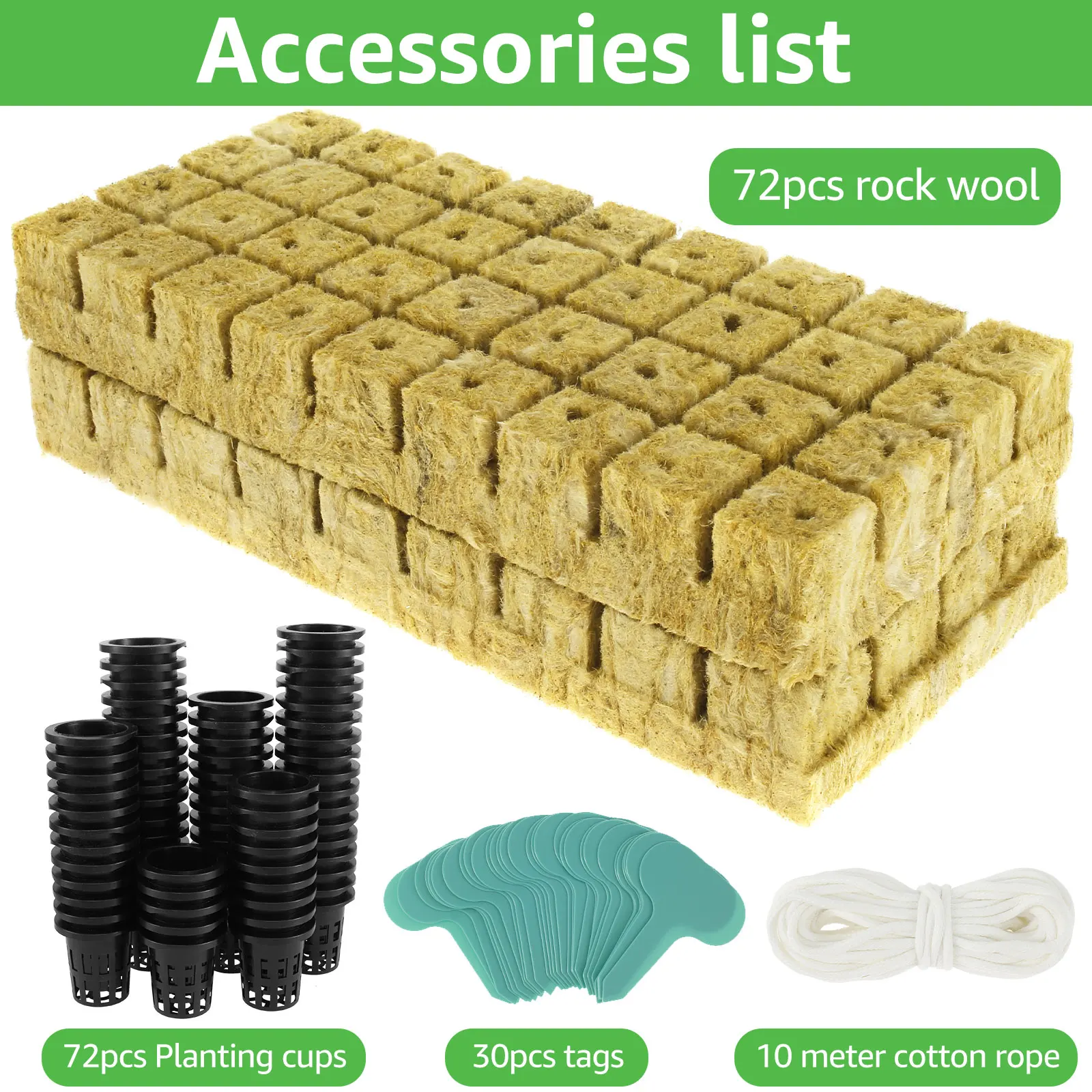 72 Set Stonewool Hydroponic Grow Media Cubes Plant Cubes Breathable Good Absorption Hydroponic Mesh Net Cup Kit for Home Balcony