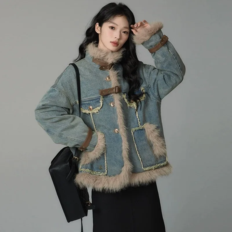 

Джинсовая Лоскутная плюшевая утепленная хлопковая куртка для женщин осень и зима Новая Винтажная Высококачественная короткая плюшевая куртка