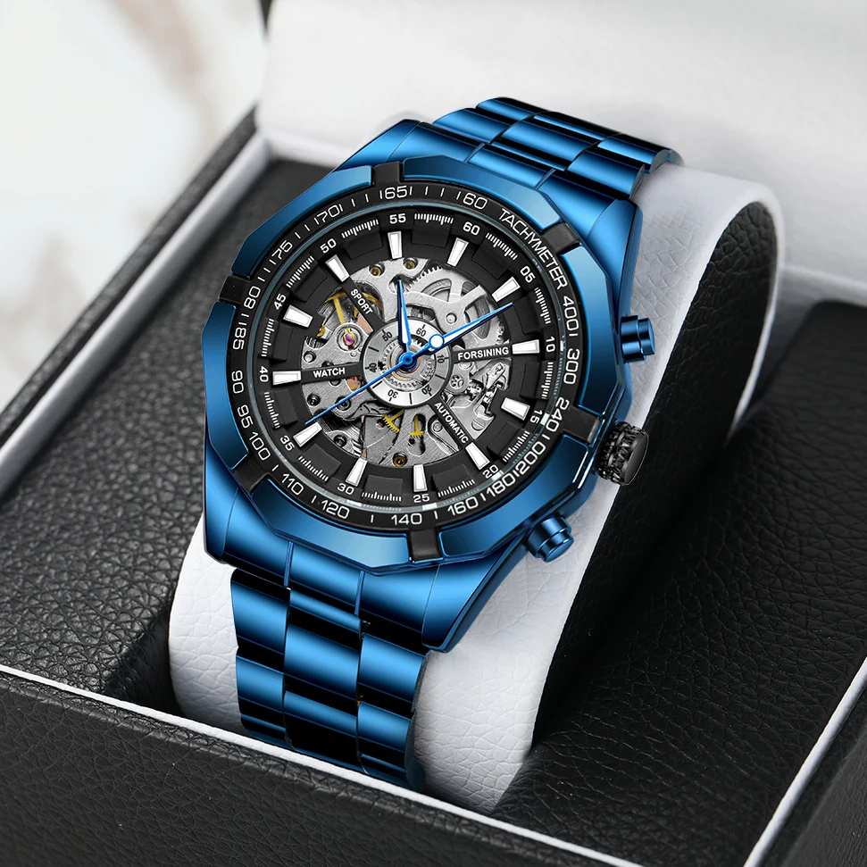 FORSINING Large Men's Watch Stainless Steel Skeleton Mechanical Automatic Movement Clock Waterproof Wrist