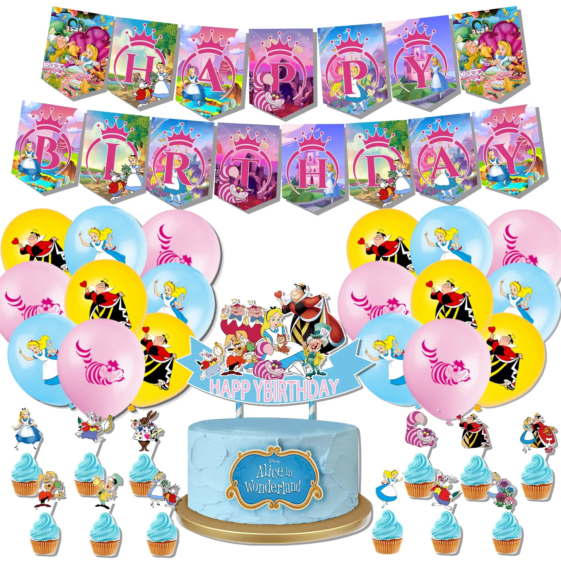 Alice nel paese delle meraviglie decorazioni per feste Set palloncini In  lattice striscioni Cake Topper ragazze compleanno Alice Tea buon compleanno