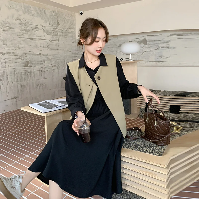 

Spring Irregular Suit Vest Shirts Black Dresses Two-Piece Set Waistcoats Sleeveless Single Buckle Lapel V-neck Outfits for Women