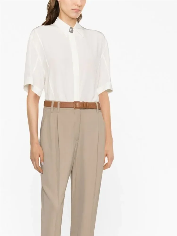 

Women 100% Silk Shirt Solid Beadings Decoration Simple 2023 Summer Half Sleeve Blouses With Buttons