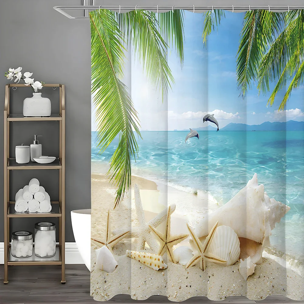Starfish Shell Shower Curtain, Ocean Beach Island Palm Tree Dolphin Starfish Shell Bathroom Decorative Shower Curtain, Waterproo 3