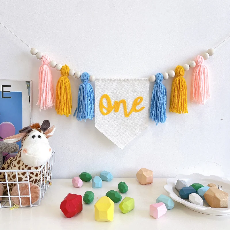 1PC INS Baby Shower ONE Highchair Banner Boy Girl 1st Kids Birthday Handmade Wooden Bead Garland Wool Backdrop Decorations