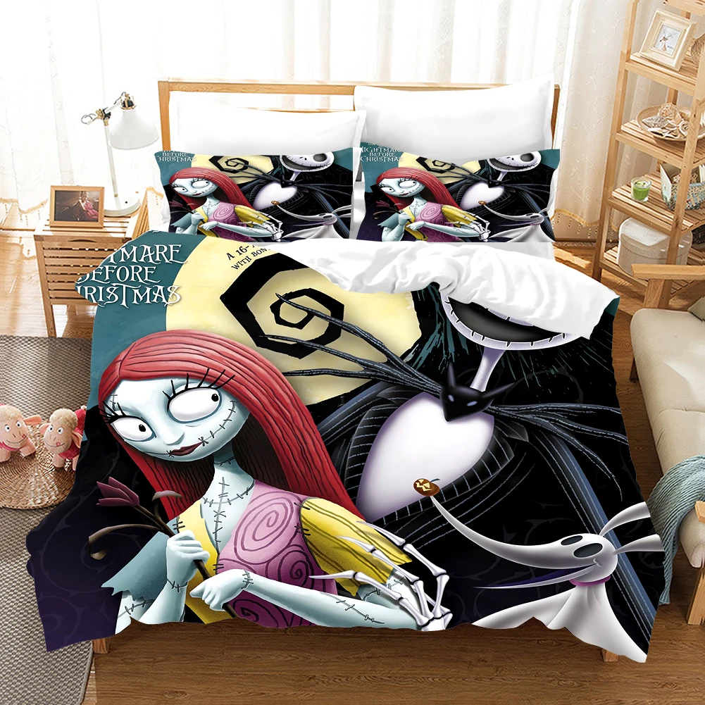 Nightmare Before Christmas  Duvet Cover with Pillow Cover Bed Sets Jack and Sally 3D Skull Christmas Bedding Set Bedroom Decor 4