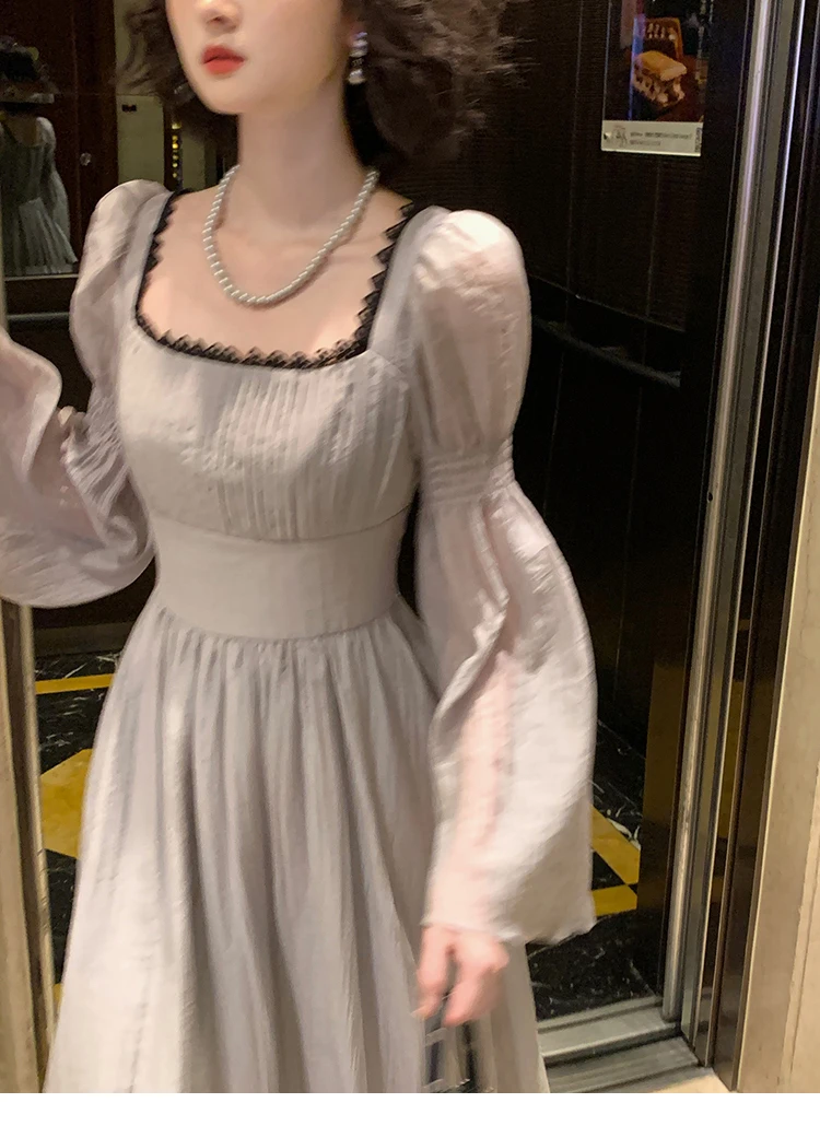 Autumn Princess Midi Dresses for Women Square Collar Flare Sleeve A-line Party Dress Slim Waist Korean One Piece Vestidos New