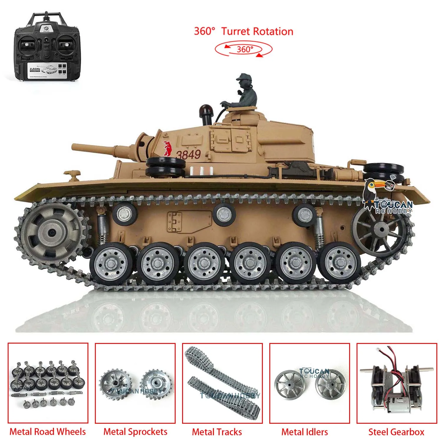 HENG LONG 1/16 7.0 Customized Panzer III H RTR RC Tank 3849 Metal Tracks Wheels Steel Sprocket Wheels BB Shooting Yellow TH17369 3