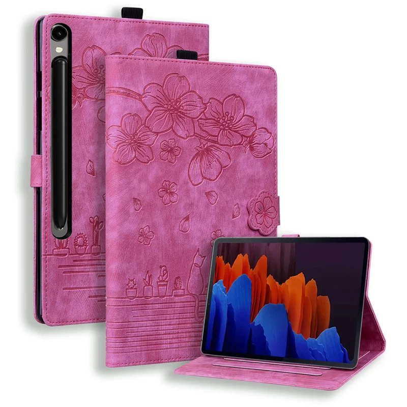 Embossed Flowers PU Leather Wallet Flip Stand Cover with Cat Pattern