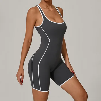 Women's Color Contrast Workout Jumpsuit Cross Back Butt Lifting Bodysuit with Removable Bra Pad for Sport Gym Fitness Running 2