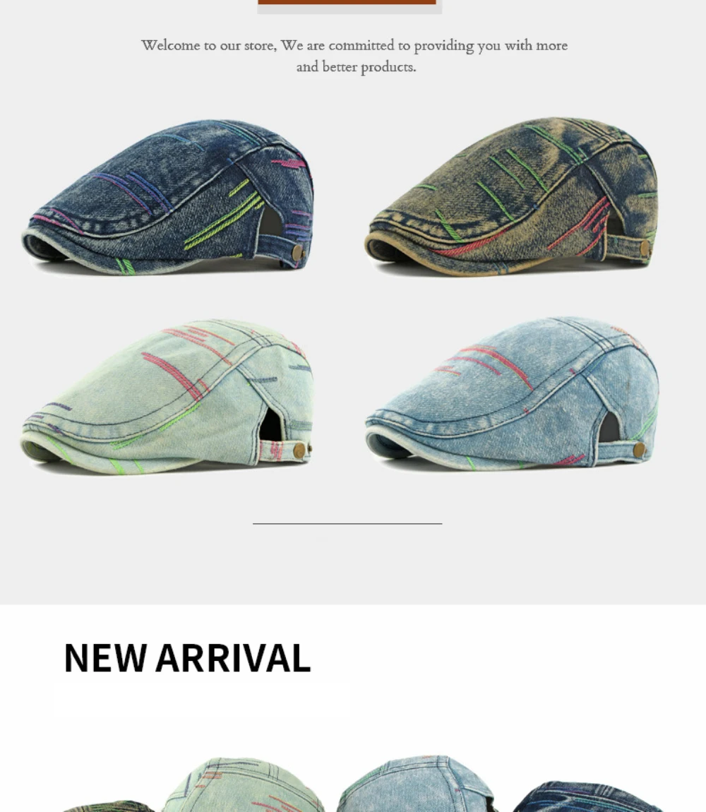 HT5046 Herren- und Damen-Baskenmützen für Frühling und Herbst, 100% Baumwolle, Denim Ivy Flat Cap, Künstler-Malermütze, Unisex Verstellbare Baskenmütze – Detail 2