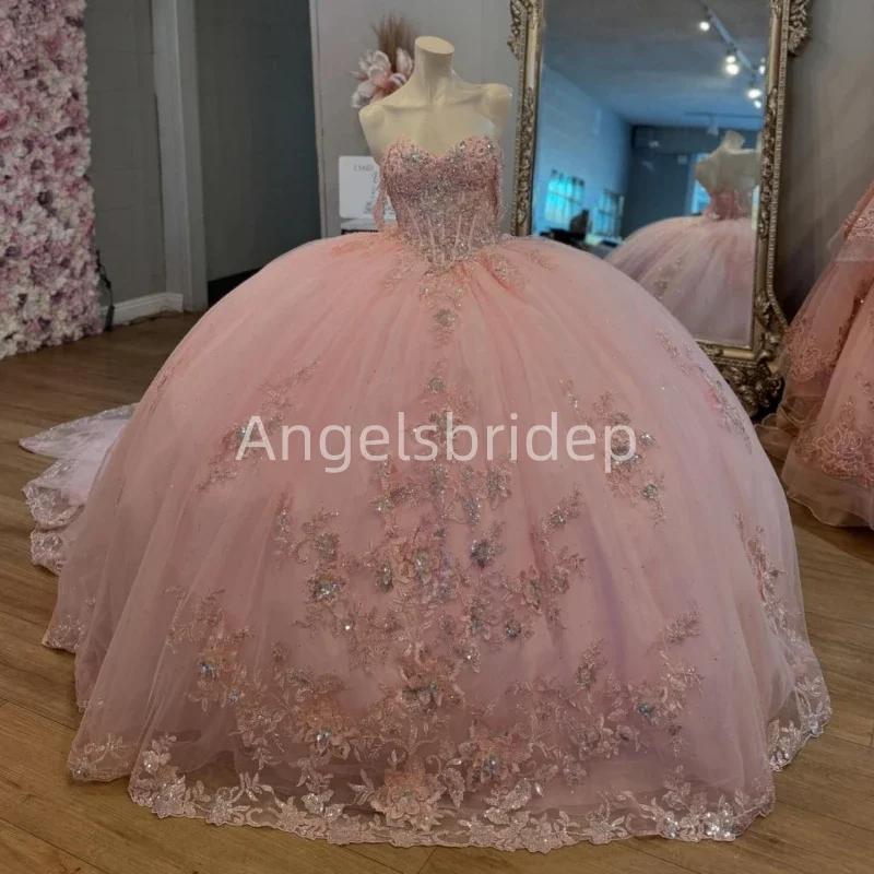 Angelsbridep Sparky Pink Ball Gown Quinceanera Dresses Sweet 16 Beading Appliques Prom Party Dress Robes De Soir&eacute;e
