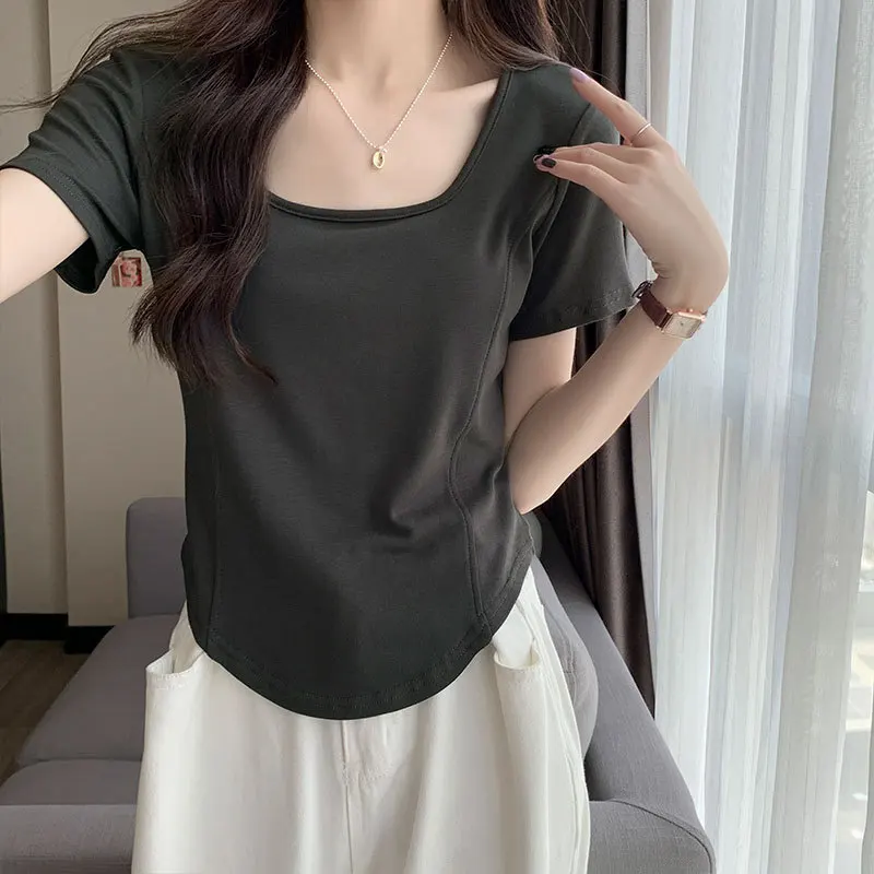 

New Fashion 2024 Women Tops Pure Color Style Spring Summer T- Shirt Female Clothing Sexy Crop Top Clothes Casual Blouse Y2k Girl