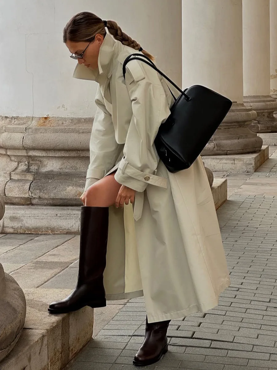 Bornladies New Autumn Winter Women's Retro Long Trench Coat Office Lady Loose Belted Waist Fahsion Outerwear Jackets