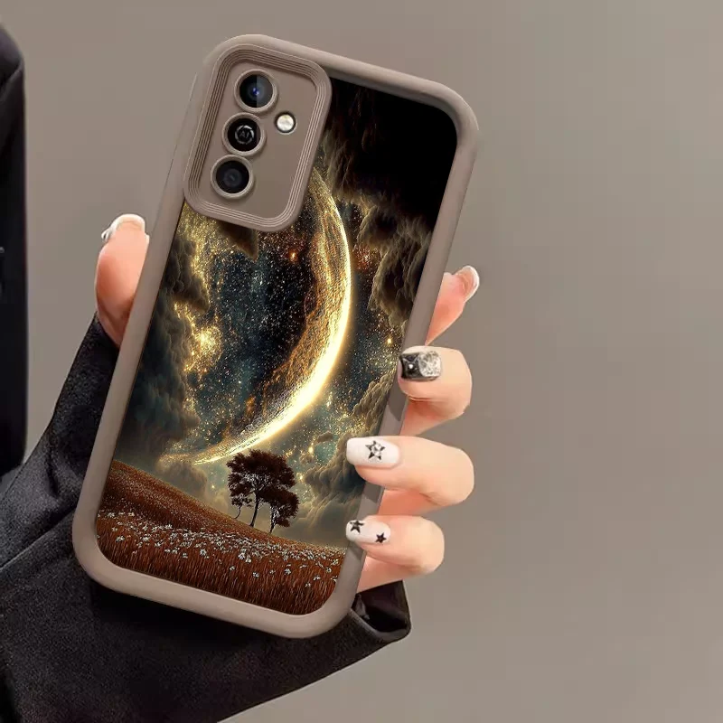 Golden Clouds and Starry Sky Artistic Phone Case - Whimsical Moonlight Landscape Design