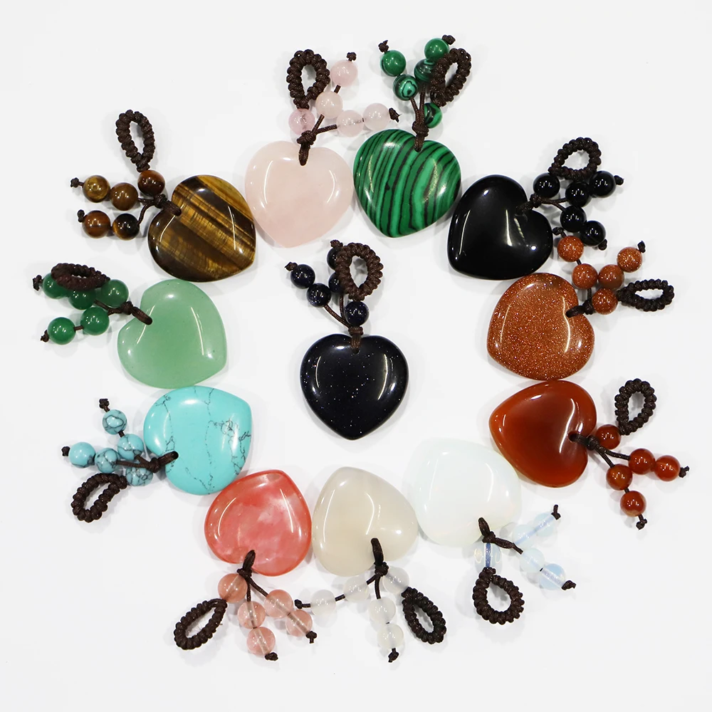 25mm Natural Stone Heart Keychain Love Pendant Necklace Purple Crystal Sodalite Braided Rope Charm Jewelry Gifts Accessories 4Pc