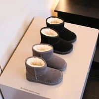 2025 Little Girls Snow Boots Solid Black Pink Brown Gray Boys Ankle Boots Warm Suede Leather Flat with Casual Kids Shoes I07082