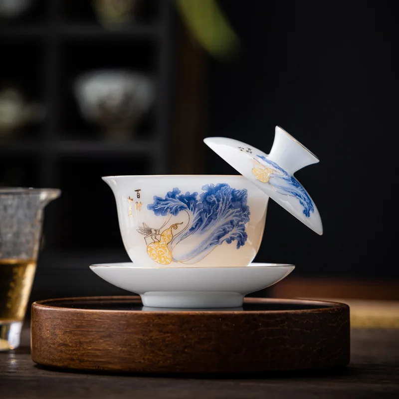 130ml Chinese Style Ceramic Covered Bowl Chinese Kung Fu Tea Bowl Cover Small Capacity Household Tea Maker Porcelanas