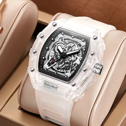White Tonneau Sport Wristwatch Men's Sport Rubber Strap Quartz Watches Business Fashion Transparent Case Mille Watches Hot Sale