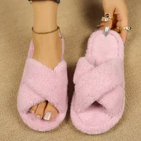 Soft Plush Cross Band Home Slippers for Women Autumn Winter Warm Fuzzy Indoor Slippers Woman Solid Color Comfortable House Shoes
