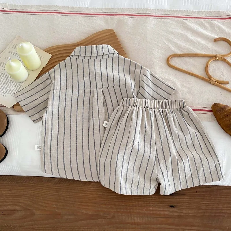 Summer Children's Set Vintage Stripe Boys Short sleeved Shirt Shorts Set Solid Color Polo Collar Cardigan Top Baby Clothes