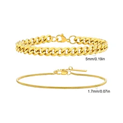 Men's Stainless Steel Chain Bracelets - Silver, Gold, and Black Rope Wristbands, Trendy Cuban Link Design, Set of 2 - 18cm (Gold Set 3)