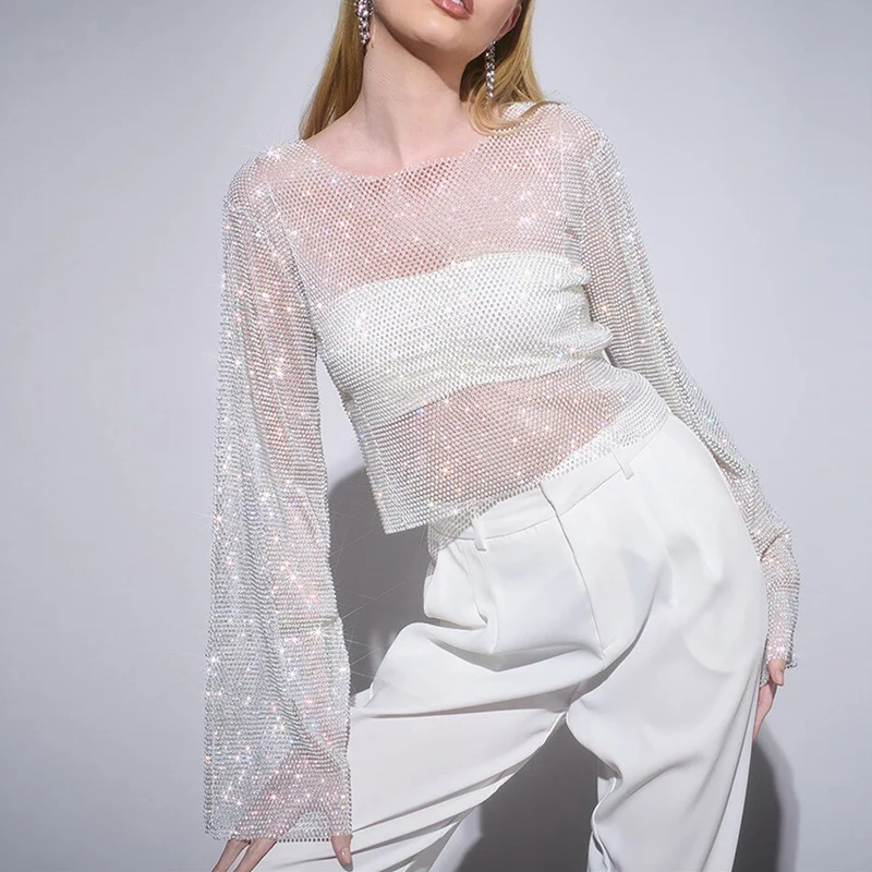 Weiße, lockere, langärmlige Freizeithemden für Damen, Sommer, glänzende Bling-Kurzoberteile, transparente Pullover, grundlegendes sexy T-Shirt