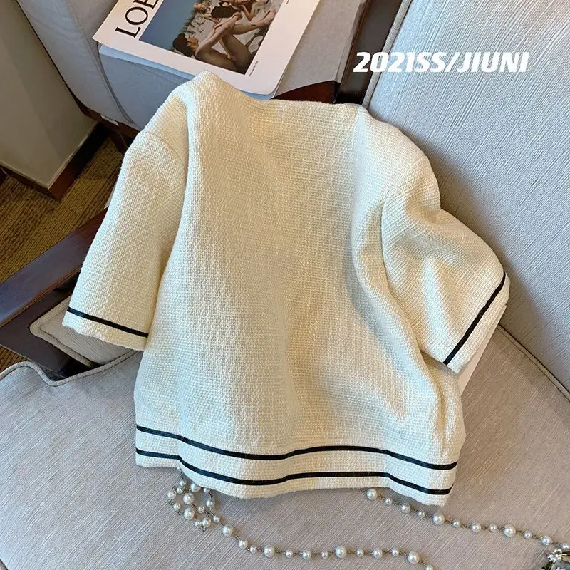 여성용 프렌치 반팔 가디건, 크롭 트위드 코트, 시크한 상의 정장, 차케타 셔츠, 재킷, 로파 무제