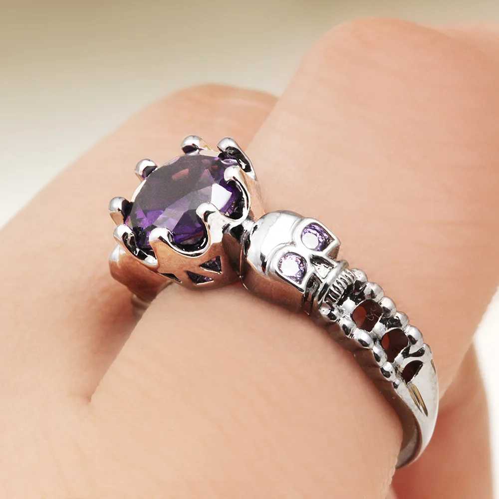 Personality sweet cool wind skull purple diamond ring hip hop tide Black Gho