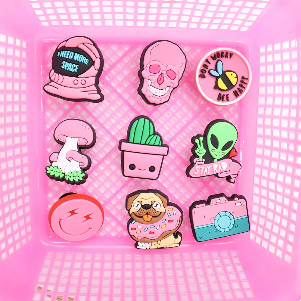 

50Pcs Pink Cartoon Alien Plant Donut Mushroom PVC Sandals Shoe Charm Decorations Croc Charms Jibz Diy Wristbands Girls Gifts