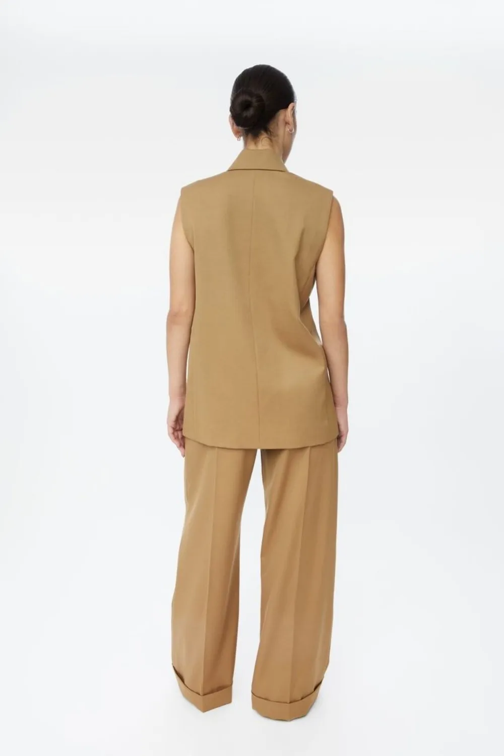 Fashion Khaki Womens Suit 2 Pieces Double Breasted Classic Elegant Sleeveless Shirt With High Waist Wide Casual Customized