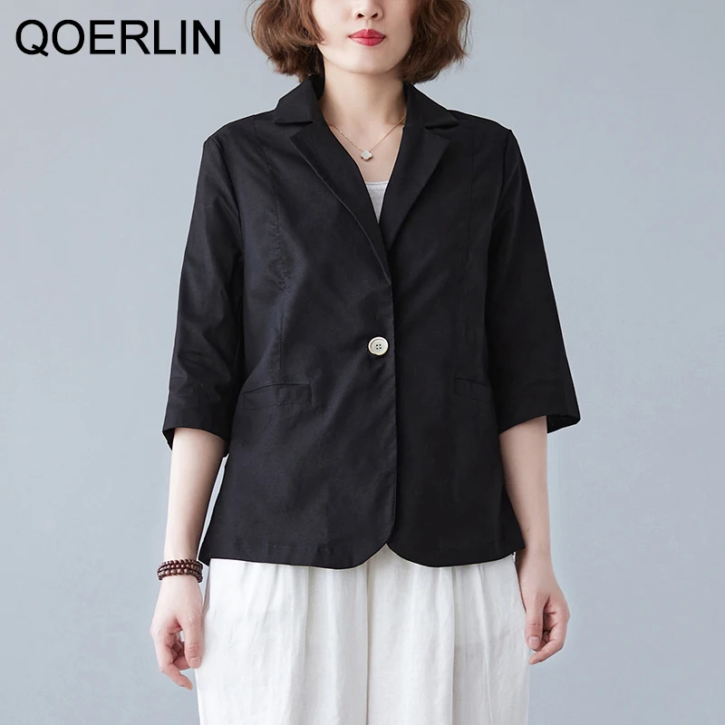 

QOERLIN M-XXL Linen Blazer Office Fashion One Button Oversize Jacket 3/4 Sleeve Pocket Notched Collar Suit Coat Spring Summer
