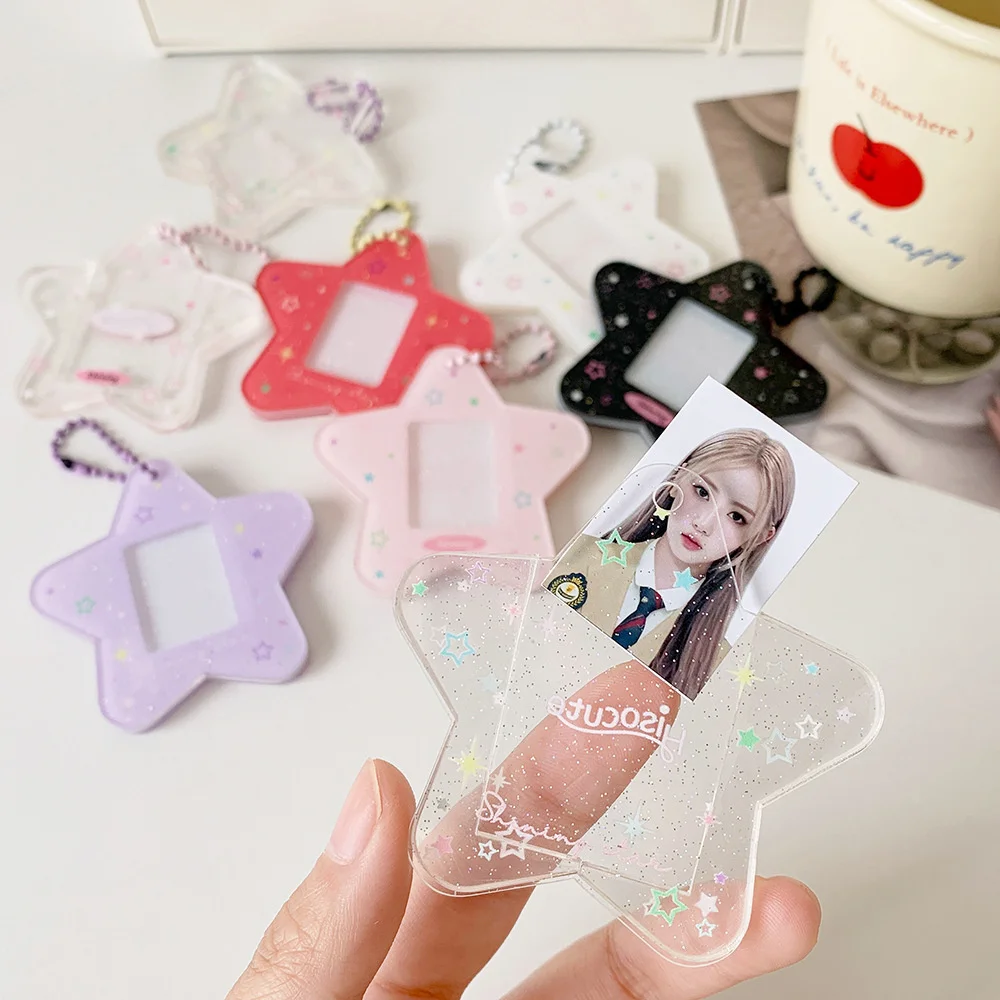 Mini 1-Inch Glitter Star Card Holder with Keychain INS Acrylic Photocard Holder ID Card Cover Case Student Kpop Idol Photo Bag