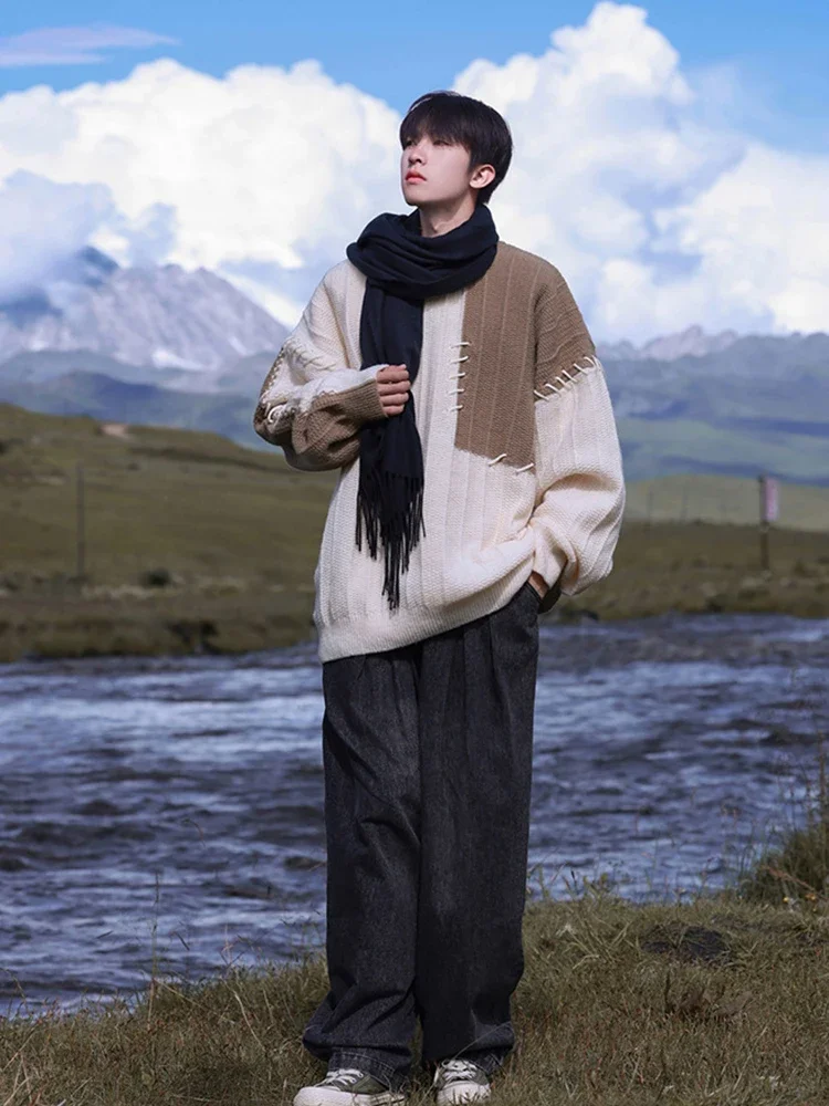2023 Houzhou Knitted Sweater Men's Pullover Oversized Winter Harajuku Casual Street Shirt Patch Shirt Autumn Hip Hop Stitching