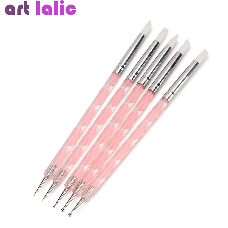 5Pcs 2 Way Nail Art Acrylic Silicone Point Flower Nail Pen Stainless Steel Dotting Tools Marbleizing Painting Pens