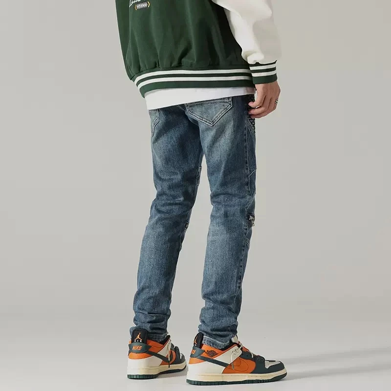 Street Fashion Men Jeans Retro Blue Slim Fit Elastic Spliced Biker Jeans Homme Patch Designer Hip Hop Pants Men Punk Trousers