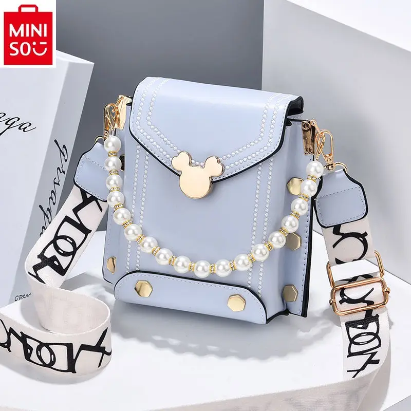 MINISO Disney Mickey Fashion Lock Buckle Versatile Sweet Pearl Pendant Phone Bag Women's High Quality Storage Small Square Bag